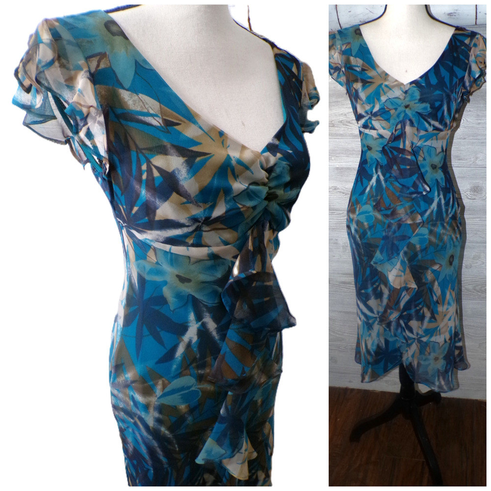 Y2k Babydoll Midi Dress 5 Mesh Blue‎ Brown Floral Ruffle Flutter Fairy Whimsy